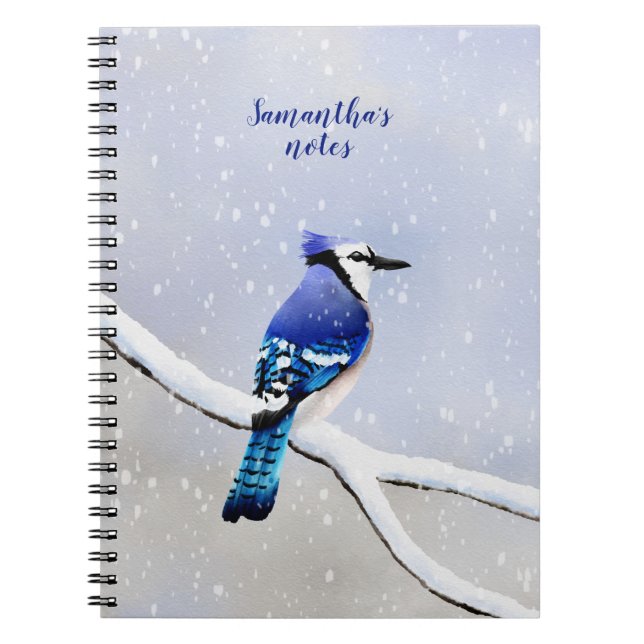 Monogram Watercolor Winter Snow Bird Blue Jay Notizblock (Vorderseite)