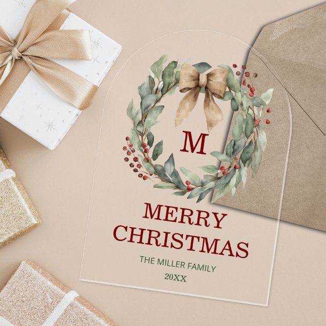 Monogram Watercolor Wreath Frohe Weihnachtskarte Acryleinladungen (Acrylic Watercolor Eucalyptus Wreath Christmas Card)