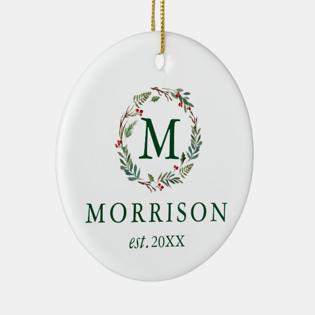 Monogram Watercolor Wreath New FOTO BACK Keramik Ornament (Rechts)