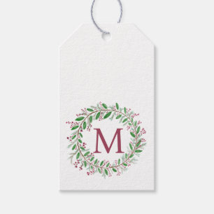 Monogram Watercolor Wreath Weihnachtsmarken Geschenkanhänger