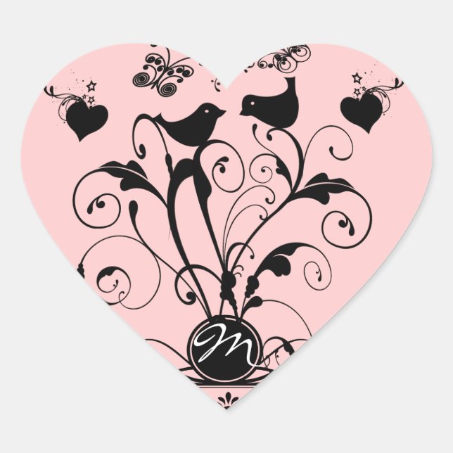 Monogram Wedding Birds Hearts Wirbel Herz-Aufkleber (Vorderseite)