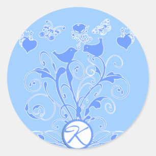 Monogram Wedding Birds Hearts Wirbel Powder Blue Runder Aufkleber
