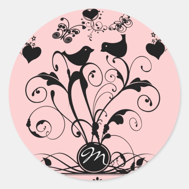 Monogram Wedding Birds Hearts Wirbel Runder Aufkleber (Vorderseite)