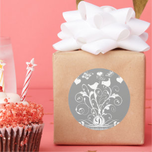 Monogram Wedding Birds Hearts Wirbel White Runder Aufkleber