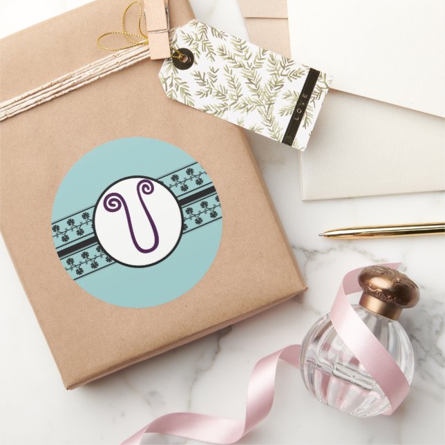 Monogram Wedding Borders Blue Runder Aufkleber (Schenken)