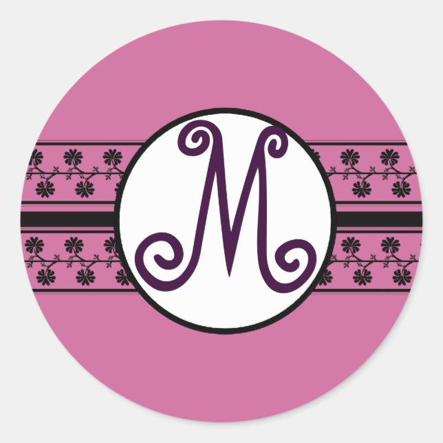Monogram Wedding Borders Plum Runder Aufkleber (Vorderseite)