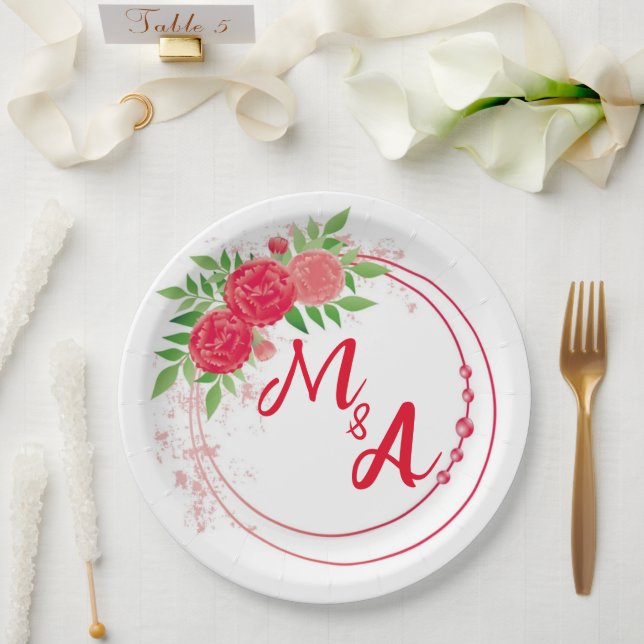 Monogram Wedding bridal reception red Pappteller (Hochzeit)