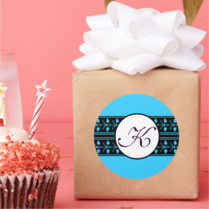 Monogram Wedding Bright Blue Borders Runder Aufkleber