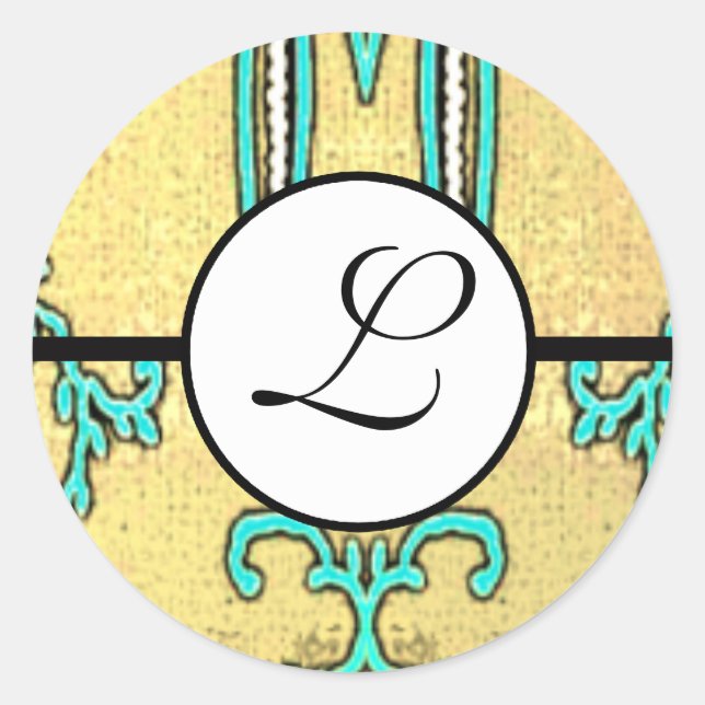 Monogram Wedding Brite Aqua Blue Borders Runder Aufkleber (Vorderseite)