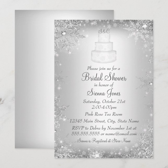 Monogram Wedding Cake Silver Brautparty Einladung (Vorne/Hinten)