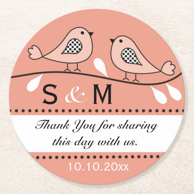 Monogram Wedding Danke, dass du Peach Love Birds Runder Pappuntersetzer (Vorderseite)