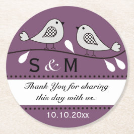 Monogram Wedding Danke Lila Liebesvögel Runder Pappuntersetzer