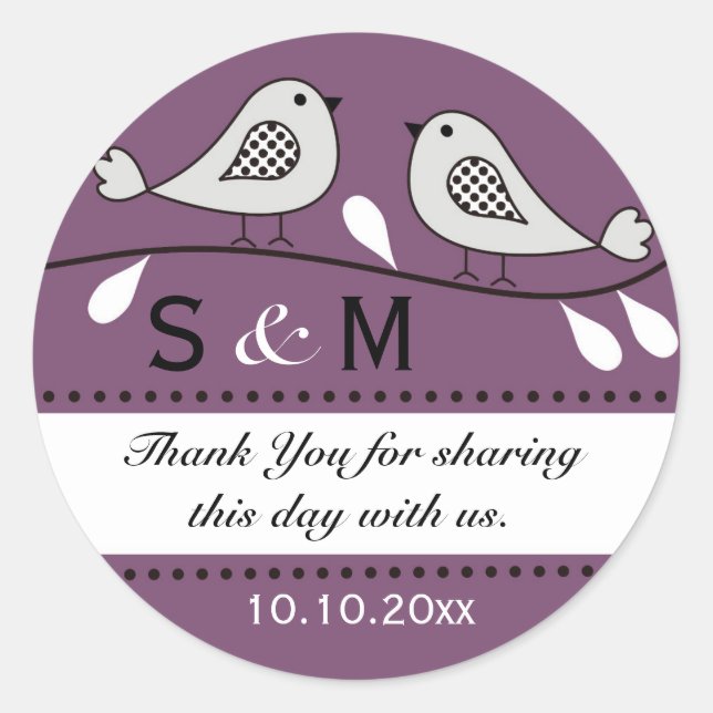 Monogram Wedding Danke Stickers:Lila Runder Aufkleber (Vorderseite)