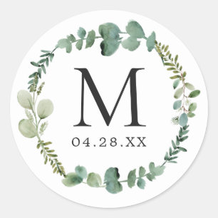 Monogram Wedding Date Eukalyptus Blätter Wreath Runder Aufkleber