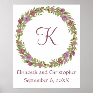 Monogram Wedding Date Names Pink Lila Floral Poster