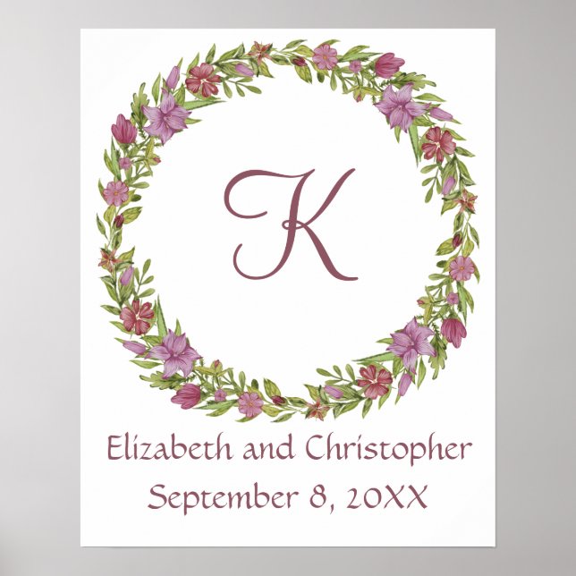 Monogram Wedding Date Names Pink Lila Floral Poster (Vorne)