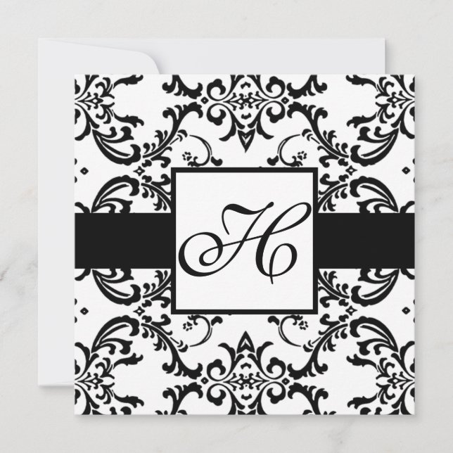 Monogram Wedding Einladung Black Swirl Damask (Vorderseite)