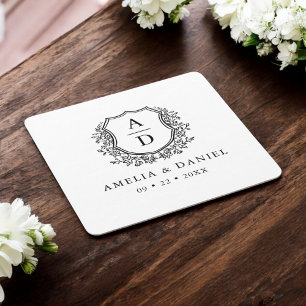 Monogram Wedding Floral Wappen Elegant Rechteckiger Pappuntersetzer