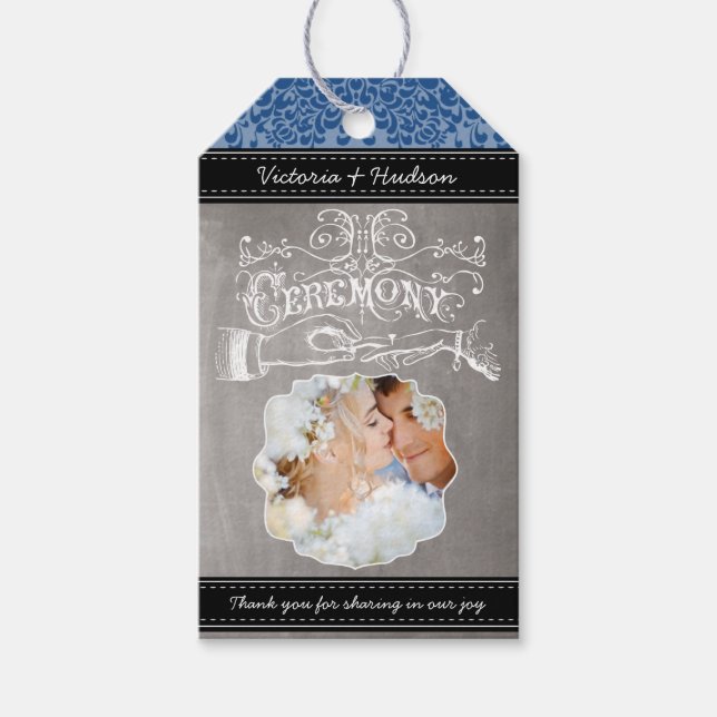 Monogram Wedding Foto Royal Blue Damask Muster Geschenkanhänger (Vorderseite)