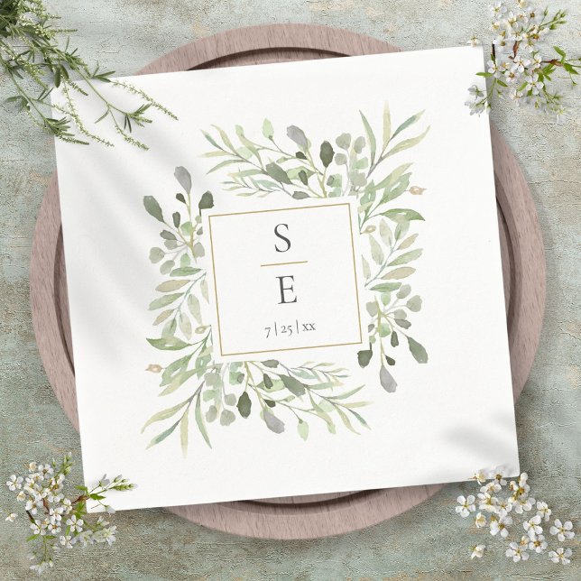 Monogram Wedding Greenerenerage Foliage Gold Napki Serviette (Monogram Wedding Greenery Foliage Gold Napkins)