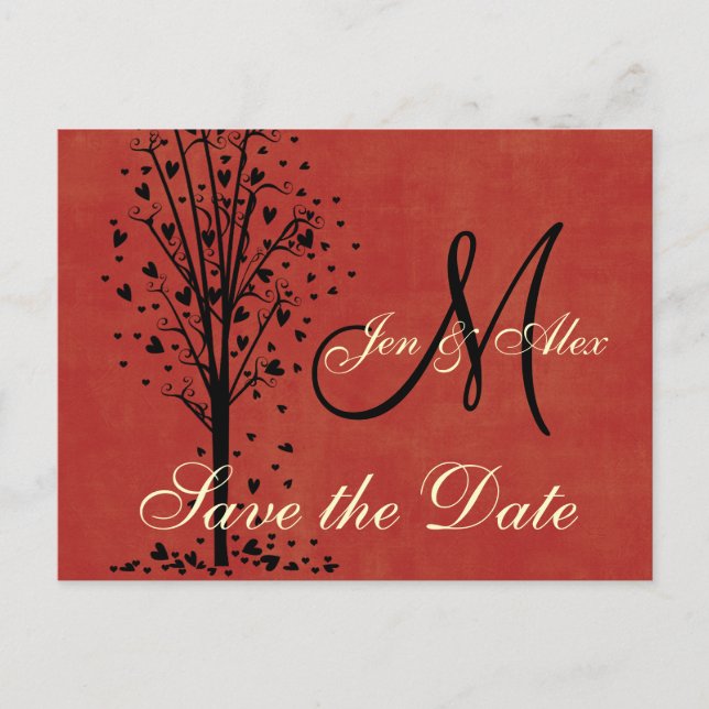 Monogram Wedding Heart Tree Save the Date Cards Ankündigungspostkarte (Vorderseite)