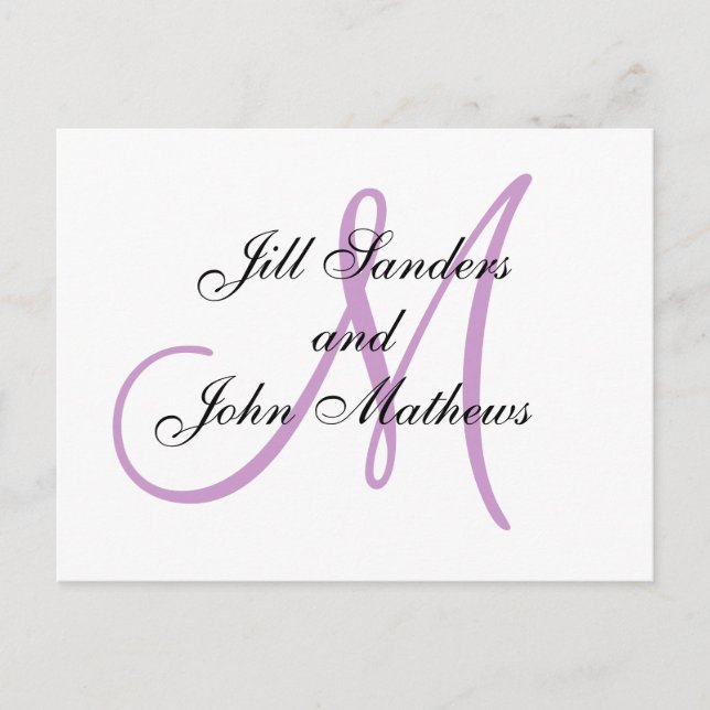 Monogram Wedding Initial White and Lilac Card Ankündigungspostkarte (Vorderseite)