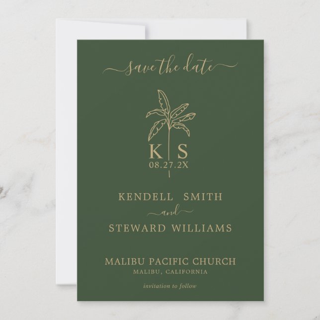 Monogram Wedding Logo Palm Tree Save the Date Einladung (Vorderseite)