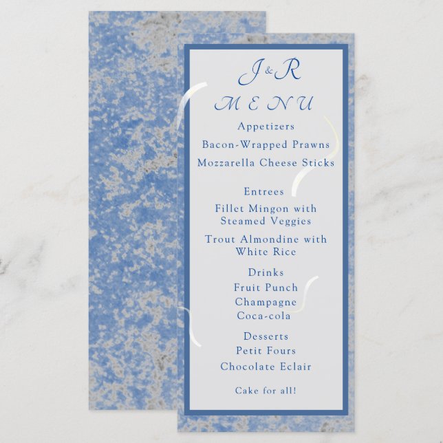 Monogram Wedding Menu Card aus blau-grauem Marmor Menükarte (Vorne/Hinten)
