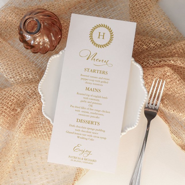Monogram Wedding Menu Cards Gold Menükarte (Von Creator hochgeladen)