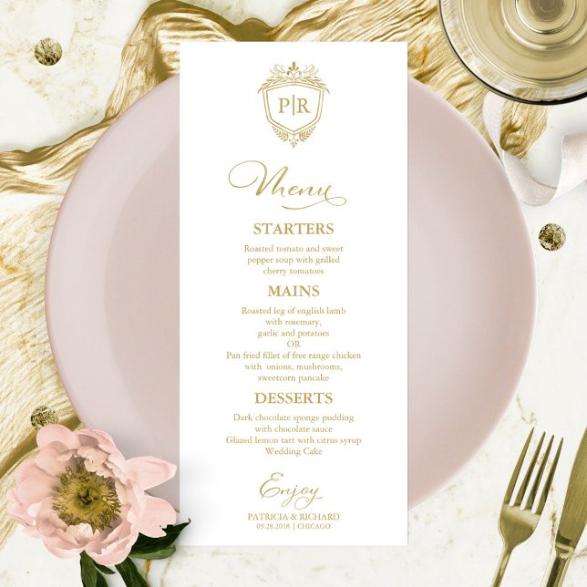 Monogram Wedding Menu Cards Gold Script Menükarte (Von Creator hochgeladen)