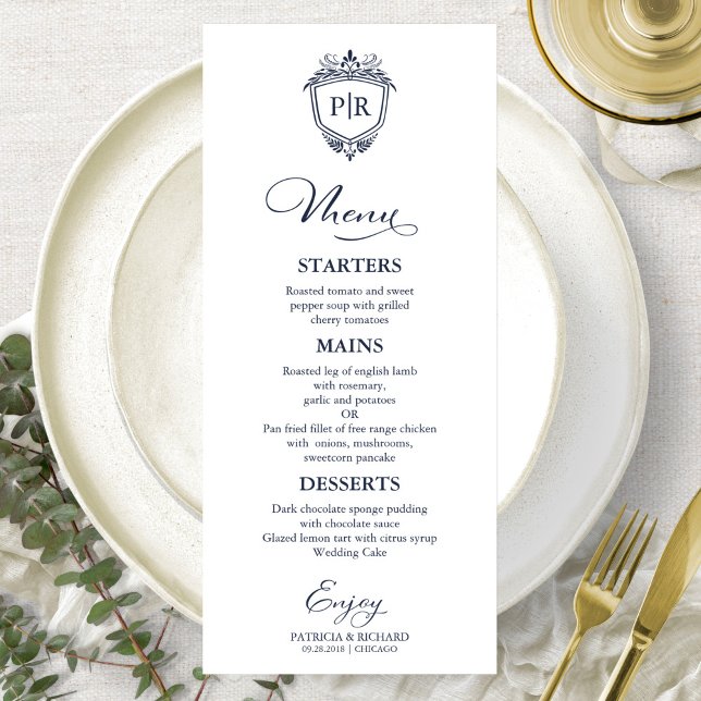 Monogram Wedding Menu Cards Navy Blue Menükarte (Von Creator hochgeladen)