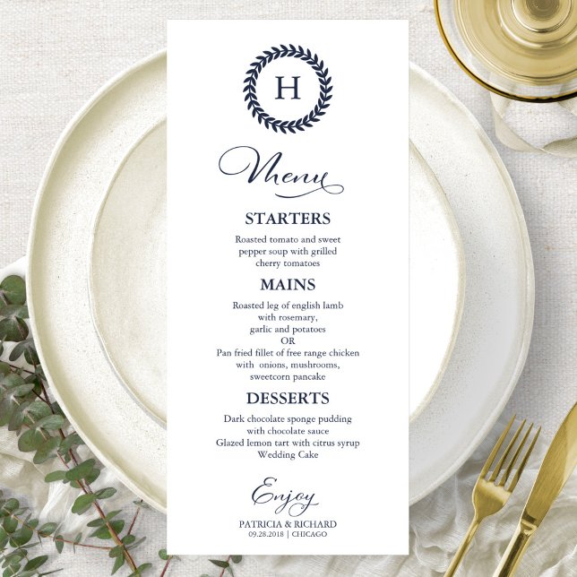 Monogram Wedding Menu Cards Navy Blue Menükarte (Von Creator hochgeladen)