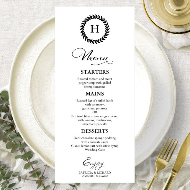 Monogram Wedding Menu Cards Schwarz und Weiß Menükarte (Von Creator hochgeladen)