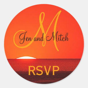 Monogram Wedding RSVP Sunset Foto Runder Aufkleber
