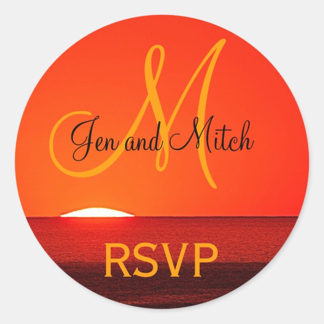 Monogram Wedding RSVP Sunset Foto Runder Aufkleber (Vorderseite)
