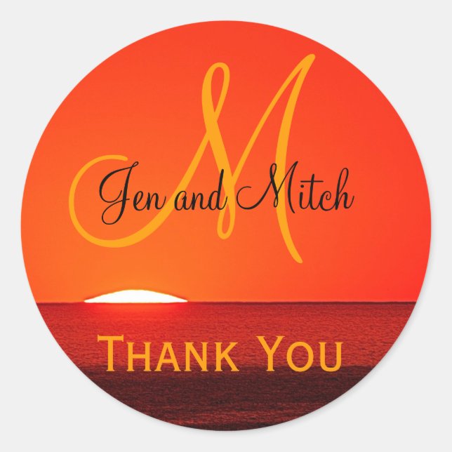 Monogram Wedding Tropical Sunset Umschlag Aufklebe Runder Aufkleber (Vorderseite)