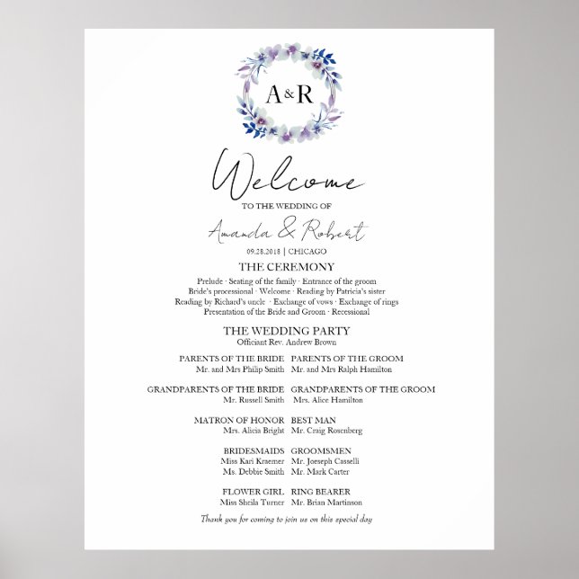 Monogram Wedding Zeremony Program Sign Foton Board Poster (Vorne)