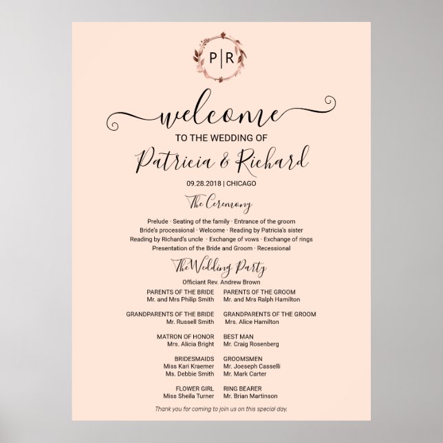 Monogram Wedding Zeremony Program Sign Foton Board Poster (Vorne)
