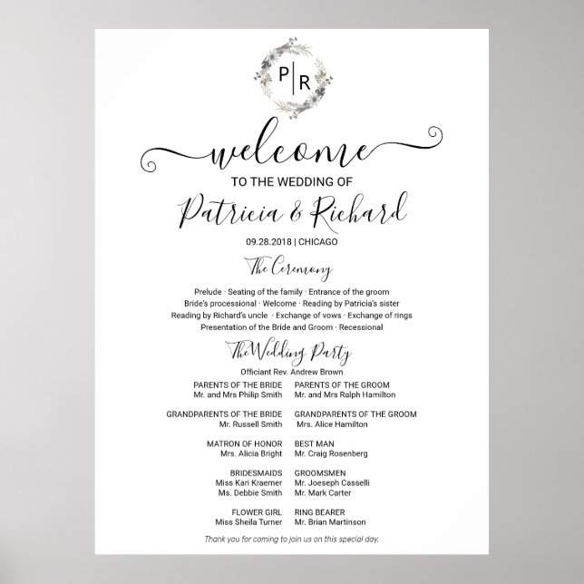 Monogram Wedding Zeremony Program Sign Foton Board Poster (Vorne)