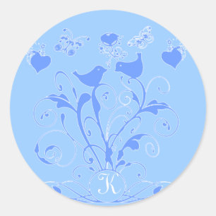 Monogram Wedds Hearts Wirbel Blue Runder Aufkleber
