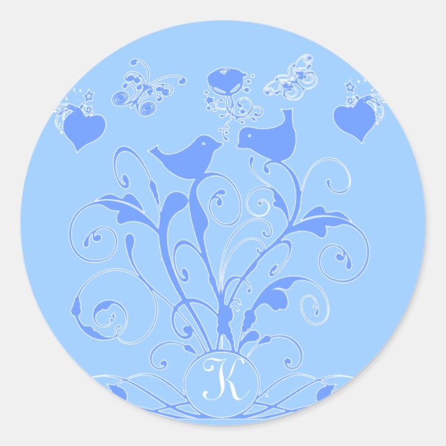 Monogram Wedds Hearts Wirbel Blue Runder Aufkleber (Vorderseite)