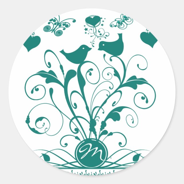 Monogram Wedds Hearts Wirbel Deep Aqua Runder Aufkleber (Vorderseite)