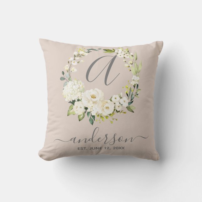 Monogram Wedgeake White Floral Wreath Kissen (Vorderseite)