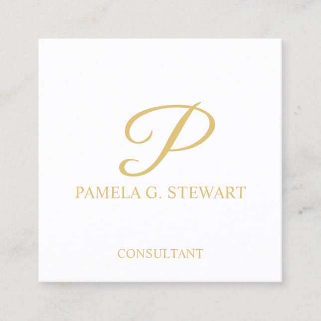 Monogram, weiß und Gold elegant Quadratische Visitenkarte (Vorderseite)