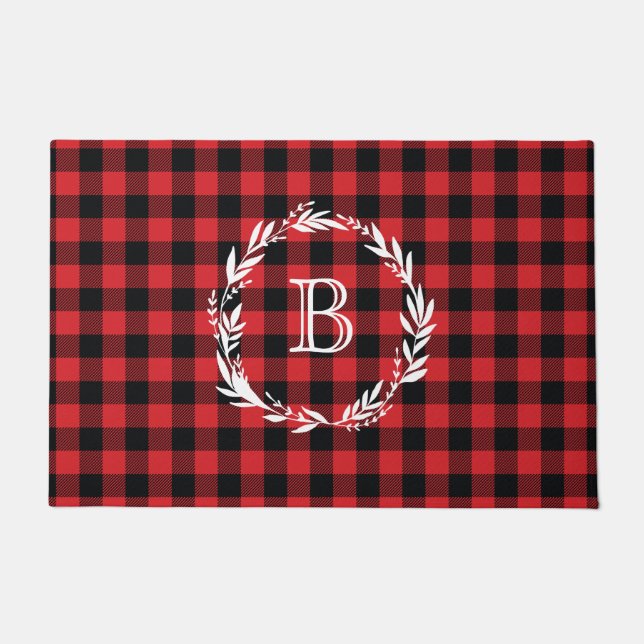 Monogram Welcome Wreath Buffalo Karo Pattern Fußmatte (Vorderseite)