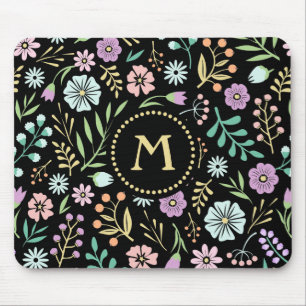 Monogram Whimsical Blume auf Black Mousepad