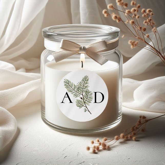 Monogram Whimsical Green and Gold Pine Wedding Runder Aufkleber (Von Creator hochgeladen)