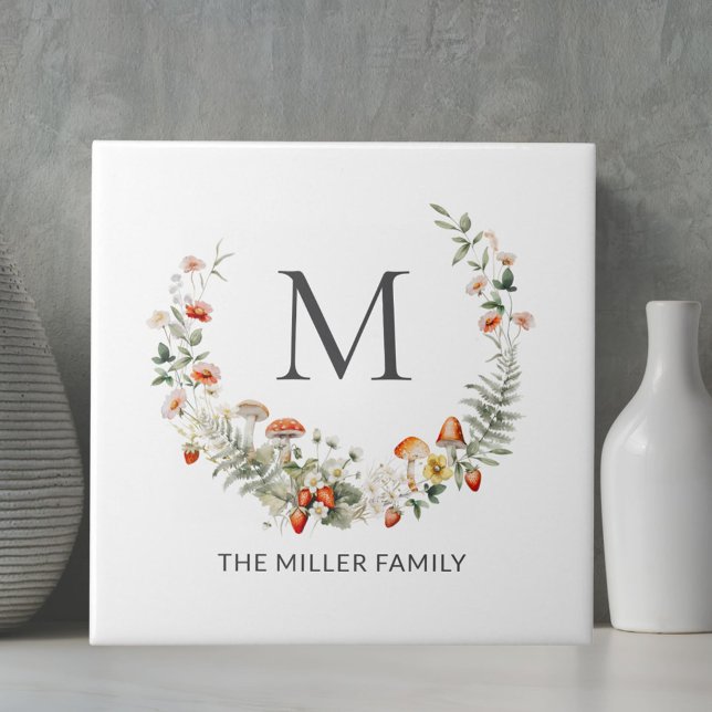 Monogram Whimsical Watercolor Floral Botanical Fliese (Close up)