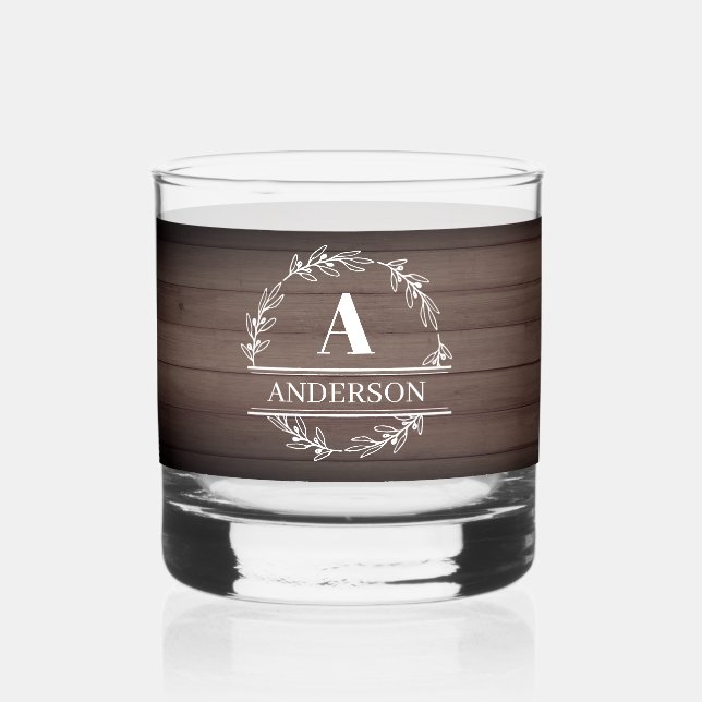 Monogram Whiskey Glass Rustikales Holz Whiskyglas (Vorderseite)