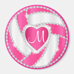 Monogram, White and Hot Pink Diamond Volleyball Magnet